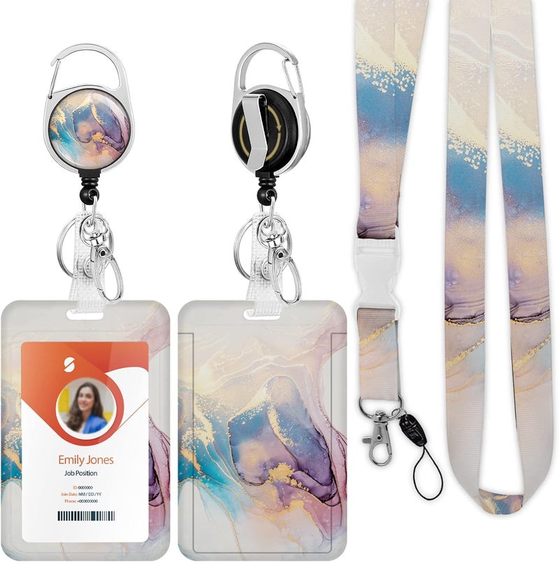 Boutilon ID Badge Holder with Lanyard,Retractable ID Badge Card Holders Detachable Neck Lanyard Strap with Badge Reel and Vertical ID Holder for Nurse Students Teachers Office Staff(Marble 7) - Image 1